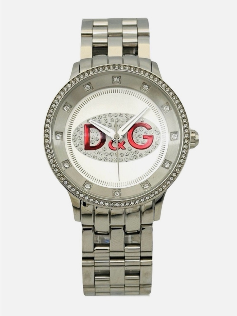 D&G Silver Stainless Steel Crystal Bezel Watch with Red Logo Accents